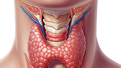 Anatomska ilustracija štitnjače koja prikazuje njezinu poziciju u vratu i funkciju u proizvodnji hormona